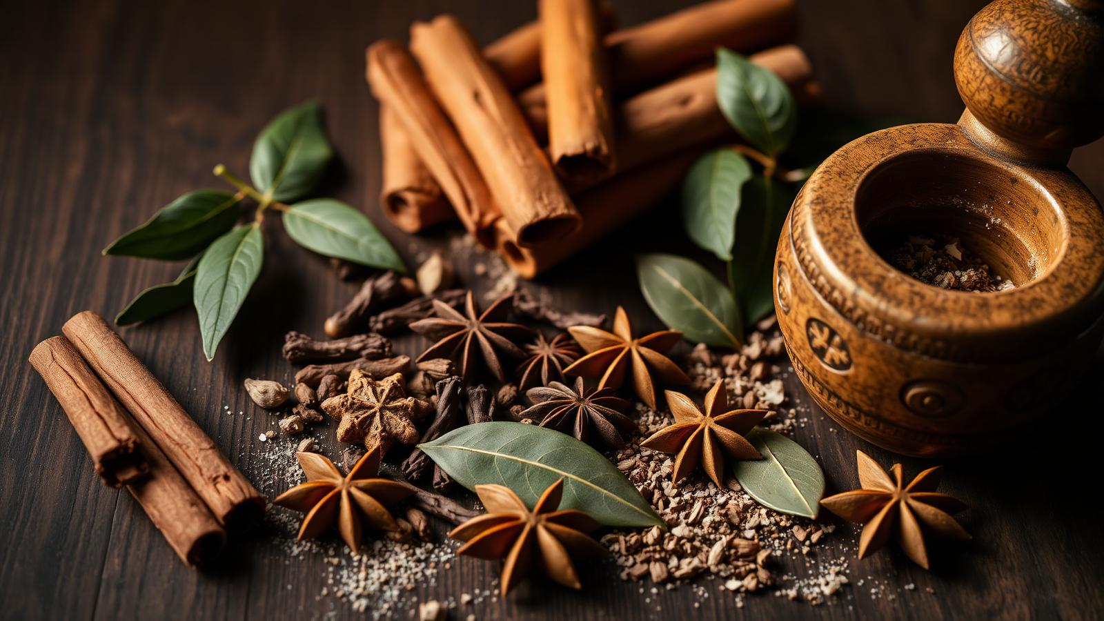Whole spices — cinnamon, cardamom, cloves and bay leaves