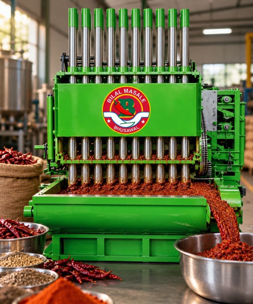 The Bilal Masala Kandap machine — heavy green spice pounding machine at the Bhusawal facility